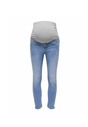 Umstandshosen mit einem grauen elastischen Bund, hellblauem Denim, im Skinny Fit, leichter Abnutzung an den Oberschenkeln und klassischem Fünf-Taschen-Design.