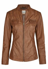 Veste en cuir brun avec un col montant, fermeture éclair sur le devant et deux poches poitrine. Texture lisse avec de subtils détails de couture.