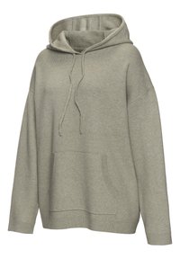 Sudadera con capucha oversize de color gris claro, hecha de tejido suave, con bolsillo canguro, capucha ajustable con cordón y puños y bajo acanalados.