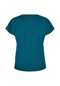 Teal short-sleeve top with a round neck. Smooth texture, relaxed fit, and curved hem. No visible patterns or accents.