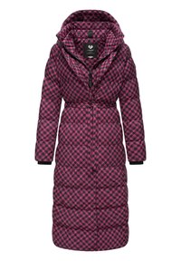 Long padded coat with hood and belt. Made from fabric with pink and black geometric pattern. Features zip closure and ribbed cuffs.