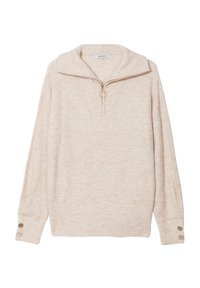 Maglione leggero beige con collo a mezza zip, texture morbida e dettagli a bottone sulle maniche. Ideale per essere indossato a strati.