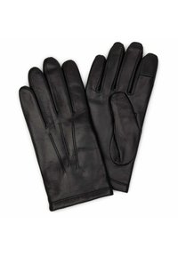 Gants en cuir noir avec une texture lisse, un design à cinq doigts et de subtils détails de couture au dos, idéaux pour les temps froids.
