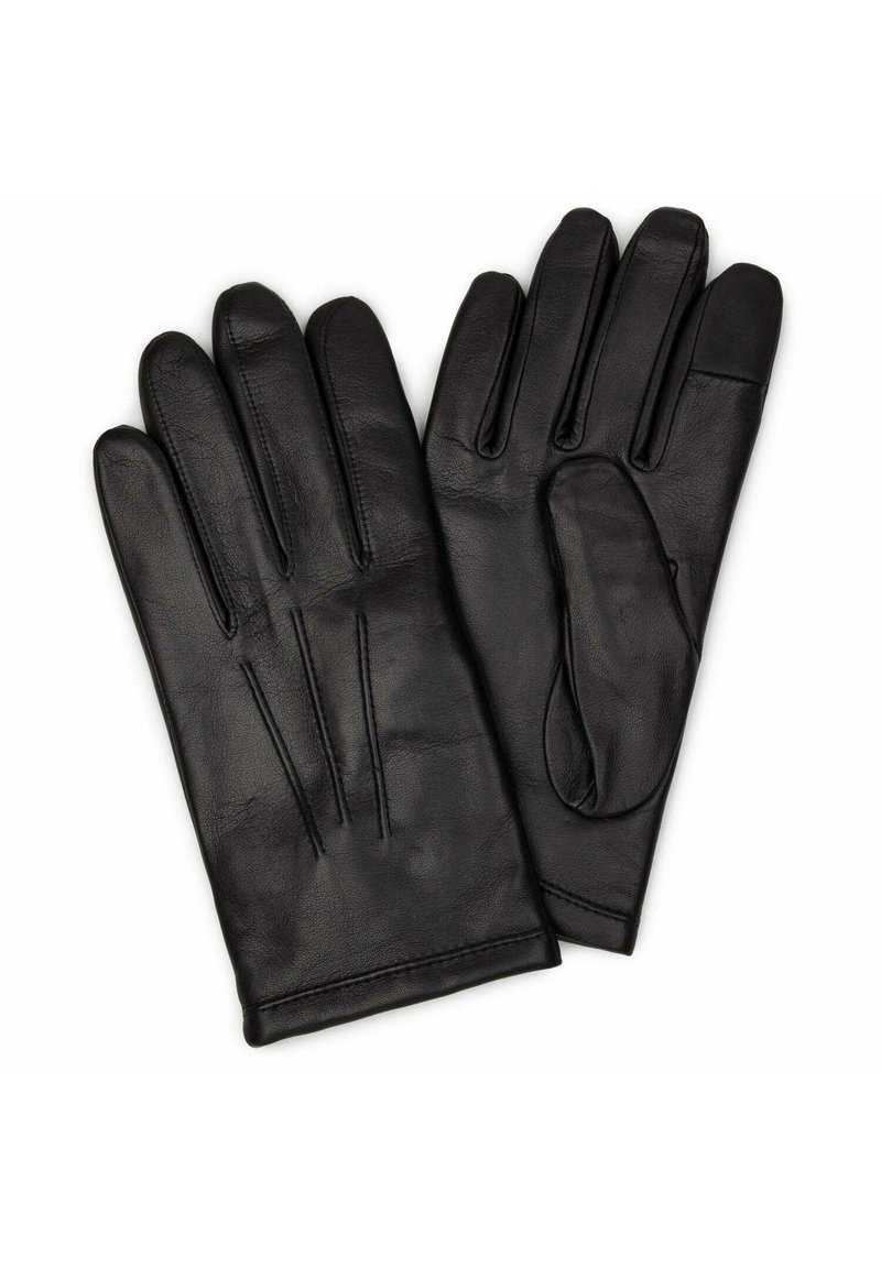Gants en cuir noir avec une texture lisse, un design à cinq doigts et de subtils détails de couture au dos, idéaux pour les temps froids.