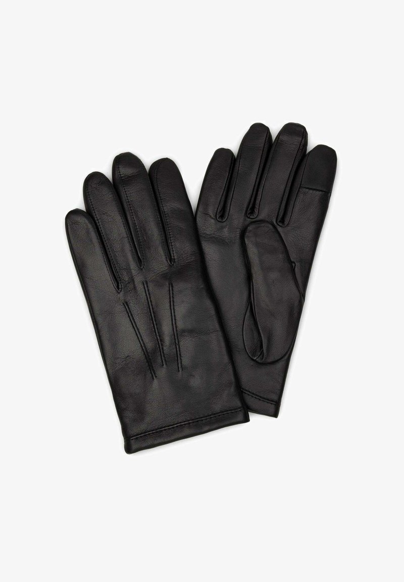 Gants en cuir noir avec une texture lisse, un design à cinq doigts et de subtils détails de couture au dos, idéaux pour les temps froids.