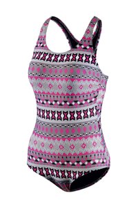 Maillot de bain une pièce avec un motif multicolore aux accents gris, rose et noir. Il a un design sportif et des bretelles crois ées.