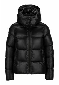 Zwart pufferjack met een afneembare capuchon, ritssluiting aan de voorkant en zijzakken. Bevat geborduurde secties en een gladde, glanzende textuur.