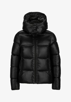 Schwarze Puffjacke mit abnehmbarer Kapuze, Reißverschluss vorne und Seitentaschen. Sie verfügt über gesteppte Abschnitte und eine glatte, glänzende Textur.