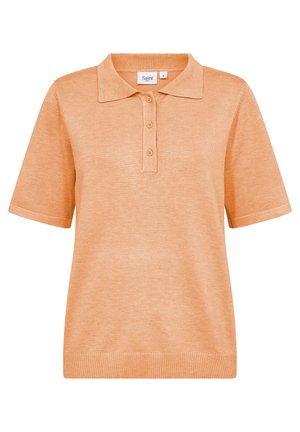 Korte mouwen polo in lichtoranje breiwerk. Voorzien van een drieknoopsluiting en ribgebreide manchetten. Eenvoudige, relaxte pasvorm zonder patronen.