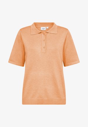Polo a maniche corte in tessuto di maglia arancione chiaro. Presenta una chiusura a tre bottoni e cinture a costine. Vestibilità semplice e rilassata, senza motivi.