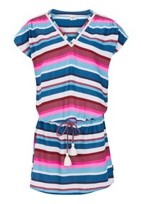 Robe rayée avec des lignes horizontales bleues, roses et brunes, décolleté en V, manches courtes, cordon de taille et pompons décoratifs.