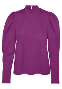 Lila Bluse mit langen Ärmeln und hohem Kragen. Mit gepufften Ärmeln und strukturiertem Stoff. Schlüsselöffnung am Nacken hinten.