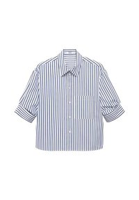 Cropped button-up shirt with a blue and white striped pattern, short rolled sleeves, and a single chest pocket. Soft fabric texture.