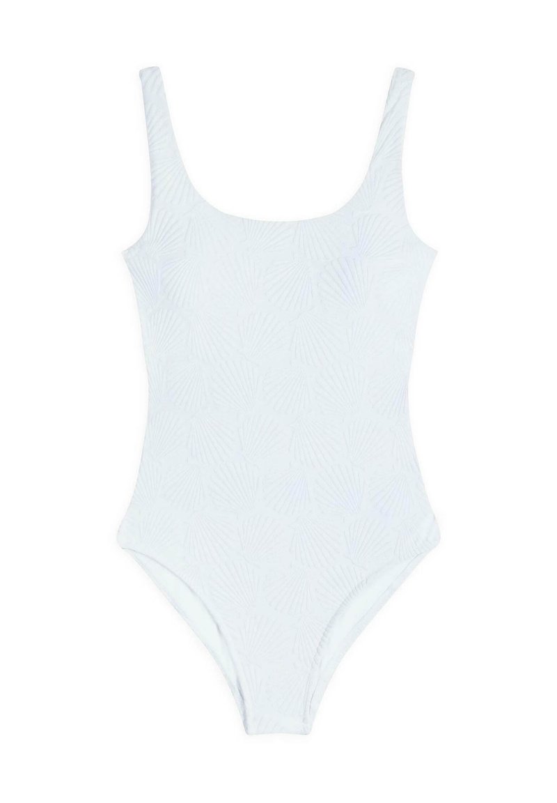 Ljust blå baddräkt i ett stycke med ett subtilt skaldjursmönster, med tunna axelband och rundad halsringning, tillverkad av slät, stretchig tyg.