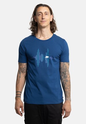 Blaues T-Shirt mit kurzen Ärmeln aus Baumwolle mit einem grafischen Schallwellen-Design in Blau und Lila über der Brust. Figurbetonte Form.