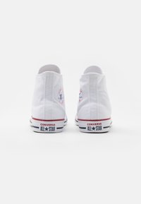 Weiße High-Top-Sneaker aus Canvas, mit einem runden Logo an der Außenseite, roten Akzenten an der Sohle und blau-weißen Streifen.