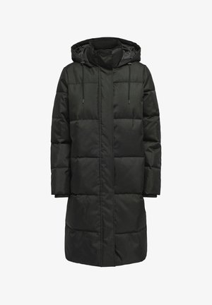 Schwarze Daunenjacke mit Kapuze, mit einem gesteppten Design, Vorderreißverschluss und Kordeln am Hals. Glattes, wasserabweisendes Material.