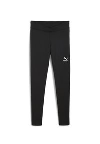 Schwarze Leggings aus elastischem Stoff mit einem breiten Bund und dem PUMA-Logo in Weiß am unteren linken Bein. Glatte Textur, taillierte Passform.