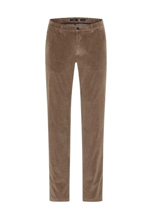 Braune Cordhosen mit vertikal geripptem Textur, ausgestattet mit einem Standardbund, Knopfverschluss und geradem Bein.