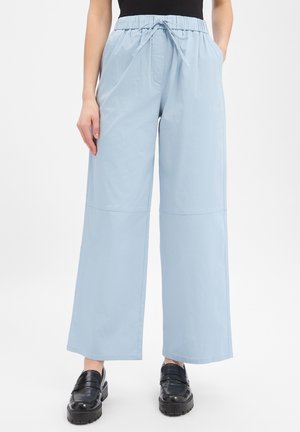 Woman wearing light blue wide-leg pants with elastic waist and drawstring, paired with black slip-on shoes, standing on white background.