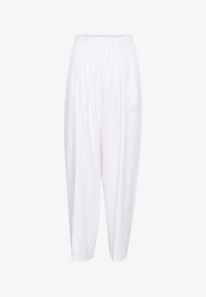 Valged linased püksid kõrge vöökohaga, esipleksteedega ja vabalt langenud siluetiga, mis kitsenevad pahkluule. Sile tekstuur, ilma mustriteta.