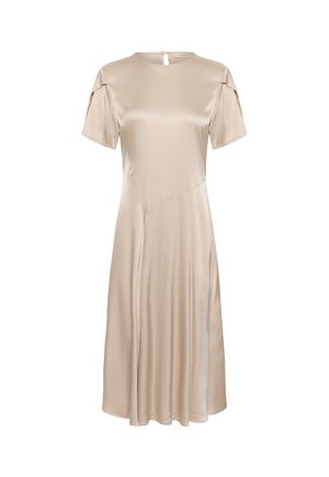 Vestido midi de satén beige con mangas cortas, escote redondo, detalles de costura y cierre con botón en la parte trasera en forma de ojo de cerradura.