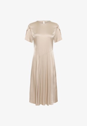 Vestido midi de satén beige con mangas cortas, escote redondo, detalles de costura y cierre con botón en la parte trasera en forma de ojo de cerradura.