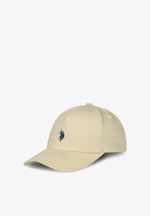 Beige baseball cap with a curved brim, featuring a navy logo embroidery. Made of fabric with a smooth texture and six-panel design.