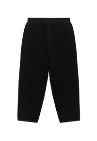 Pantalons noirs à côtes avec une taille haute, présentant un design décontracté et à jambes larges. Le tissu a une apparence texturée et une finition lisse.