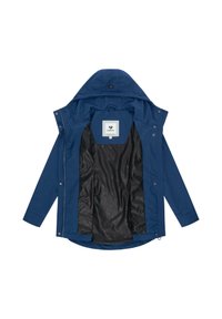 Veste à capuche bleue avec devant ouvert montrant une doublure intérieure noire à motifs et une étiquette "ragwear" cousue à l'intérieur de la zone du col.