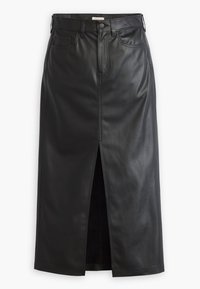 Jupe en cuir noire avec une fente devant, taille haute et style denim classique. Dotée de poches et de détails de couture pour plus de texture.