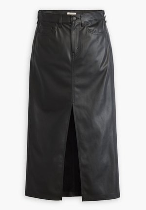 Jupe en cuir noire avec une fente devant, taille haute et style denim classique. Dotée de poches et de détails de couture pour plus de texture.
