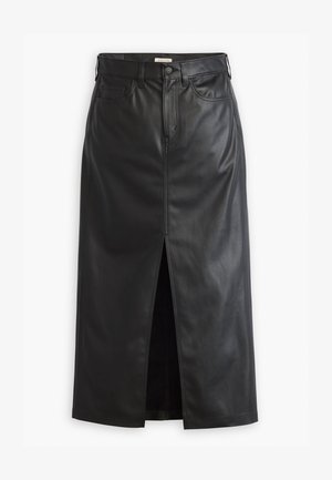 Black leather skirt with a front slit, high waist, and classic denim styling. Features pockets and stitching details for added texture.