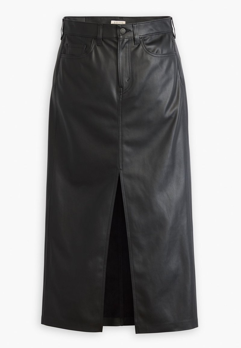 Jupe en cuir noire avec une fente devant, taille haute et style denim classique. Dotée de poches et de détails de couture pour plus de texture.
