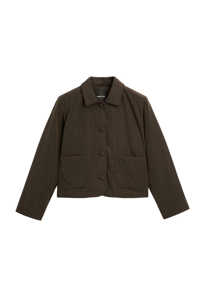 Veste courte marron avec un col, cinq grands boutons et deux poches avant. Fabriquée dans un matériau texturé et léger.