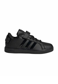 Black athletic shoe with a smooth leather upper, featuring three glossy black stripes, a Velcro strap, and a rubber sole.