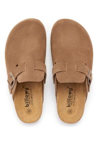 Des chaussures en daim marron à enfiler avec une forme arrondie, dotées d'une seule sangle et d'une boucle en métal, ainsi qu'un semelle intérieure douce et texturée.