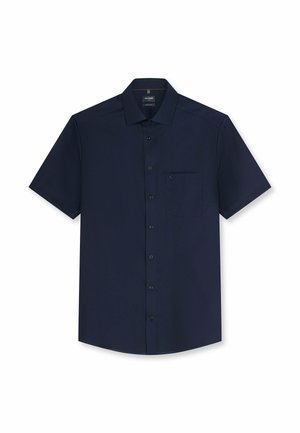 Camicia blu navy a maniche corte con bottoni, colletto appuntito e taschino sul petto sul lato sinistro.