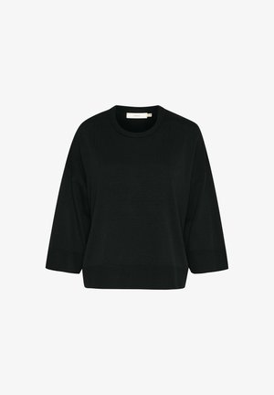 Melnas vilnas džemperis, kas izgatavots no mīksta auduma, ar apaļu izgriezumu un trīs ceturtdaļu piedurknēm ar ribotajiem aprocēm un apakšmalu.