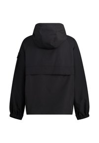 Black hooded jacket with elastic cuffs, a relaxed fit, and a back vent detail. Features a smooth, matte fabric texture.