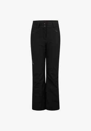 Schwarze Skihosen mit geradem Schnitt, Reißverschlüssen an den Hüften, Doppelknopfverschluss und reflektierendem Logo auf der linken Seite. Wasserdichtes Material.