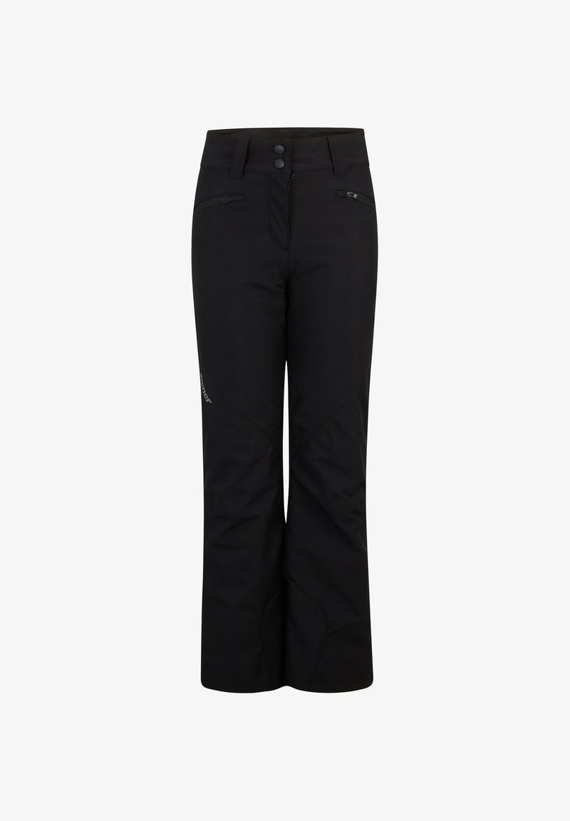 Schwarze Skihosen mit geradem Schnitt, Reißverschlüssen an den Hüften, Doppelknopfverschluss und reflektierendem Logo auf der linken Seite. Wasserdichtes Material.