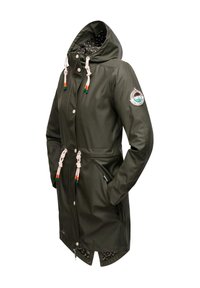 Green waterproof rain jacket with a hood, drawstring accents, side pockets, button closures, and a patterned interior lining.