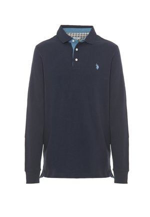 Polo a maniche lunghe di colore navy, realizzato in cotone, con colletto blu, pattina con tre bottoni e piccolo logo ricamato sul petto.