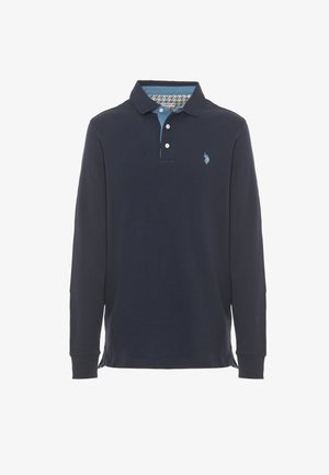 Polo a maniche lunghe di colore navy, realizzato in cotone, con colletto blu, pattina con tre bottoni e piccolo logo ricamato sul petto.