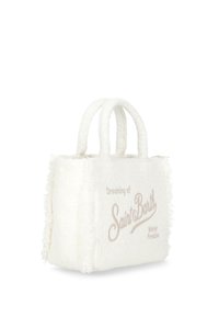 Sac en tissu blanc tissé avec des bords effilochés, arborant les inscriptions brodées en beige clair "Dreaming of Saint Barth" et "Winter Paradise".