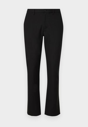 Pantaloni neri a gamba dritta realizzati in un tessuto liscio. Caratterizzati da una chiusura a bottone, passanti per la cintura e un aspetto pulito e sartoriale.