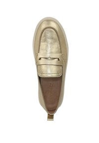 Gold metallic slip-on shoe with a smooth texture, rounded toe, raised stitching accents, and a small heel tab for easy wearing.