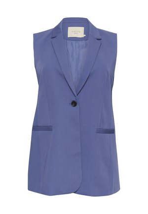 Brezrokavni blazer iz trdne modre tkanine z izrezanim ovratnikom, enim črnim gumbom in dvema sprednjima žepoma. Gladka tekstura, krojen fit.