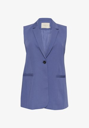 Brezrokavni blazer iz trdne modre tkanine z izrezanim ovratnikom, enim črnim gumbom in dvema sprednjima žepoma. Gladka tekstura, krojen fit.